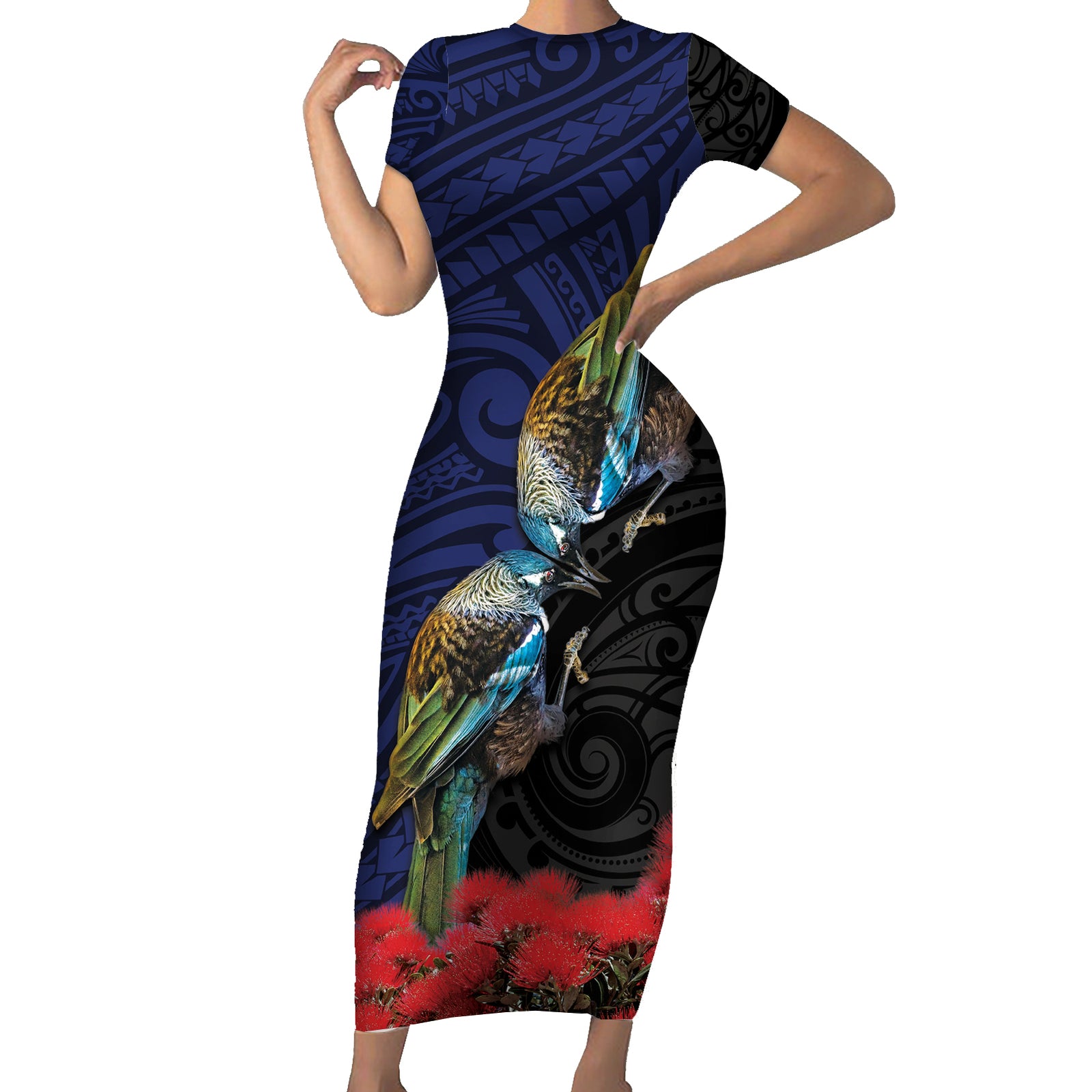 New Zealand Maori Hongi Culture Short Sleeve Bodycon Dress Tui Bird Pohutukawa and Polynesian Pattern