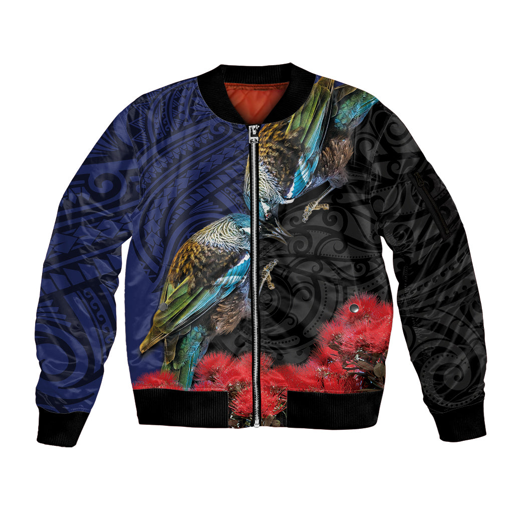 New Zealand Maori Hongi Culture Sleeve Zip Bomber Jacket Tui Bird Pohutukawa and Polynesian Pattern