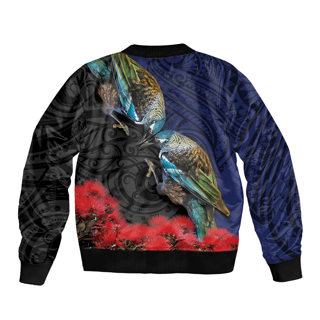 New Zealand Maori Hongi Culture Sleeve Zip Bomber Jacket Tui Bird Pohutukawa and Polynesian Pattern