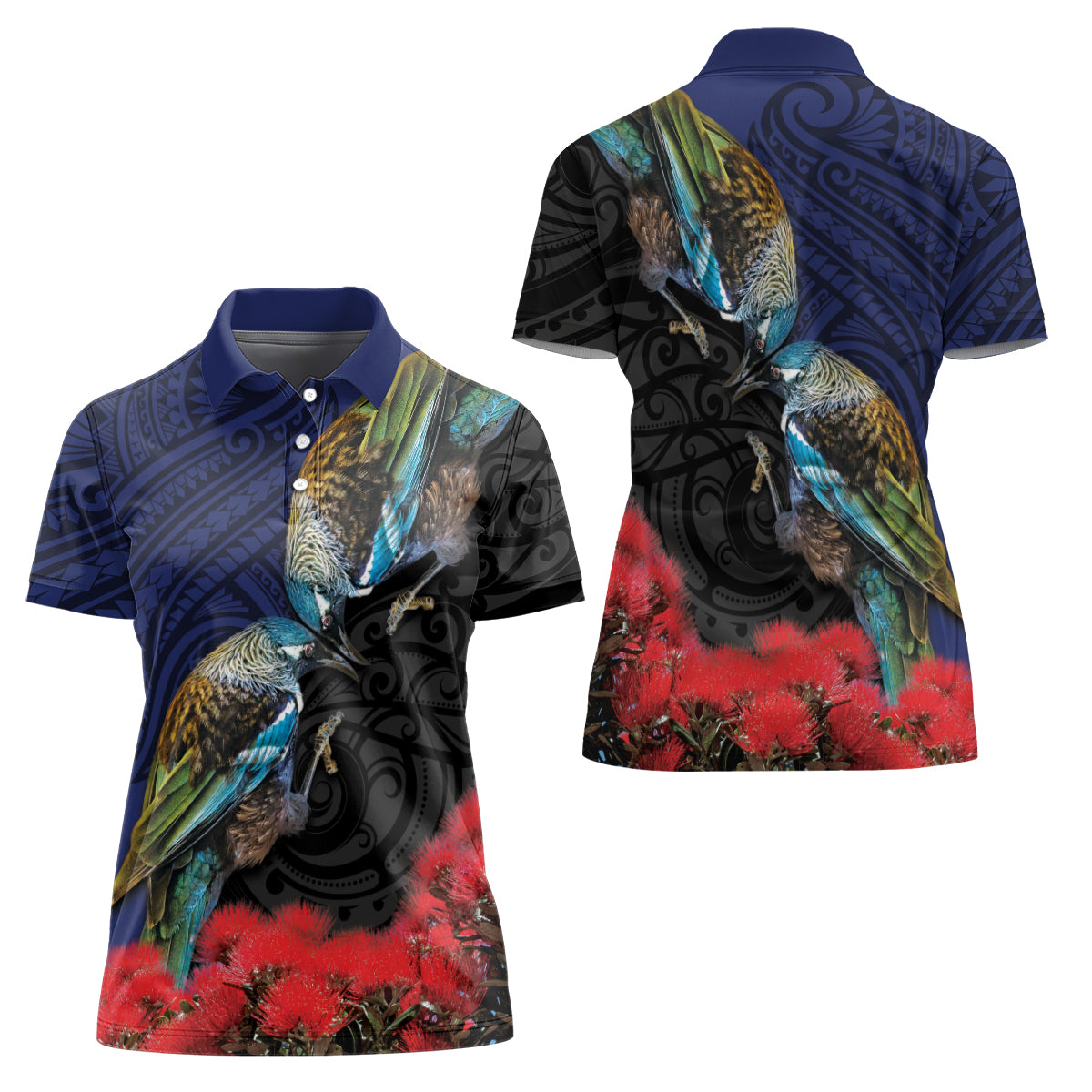 New Zealand Maori Hongi Culture Women Polo Shirt Tui Bird Pohutukawa and Polynesian Pattern