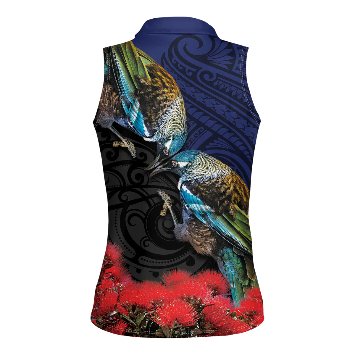 New Zealand Maori Hongi Culture Women Sleeveless Polo Shirt Tui Bird Pohutukawa and Polynesian Pattern