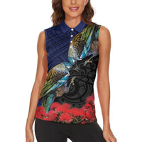 New Zealand Maori Hongi Culture Women Sleeveless Polo Shirt Tui Bird Pohutukawa and Polynesian Pattern