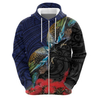 New Zealand Maori Hongi Culture Zip Hoodie Tui Bird Pohutukawa and Polynesian Pattern