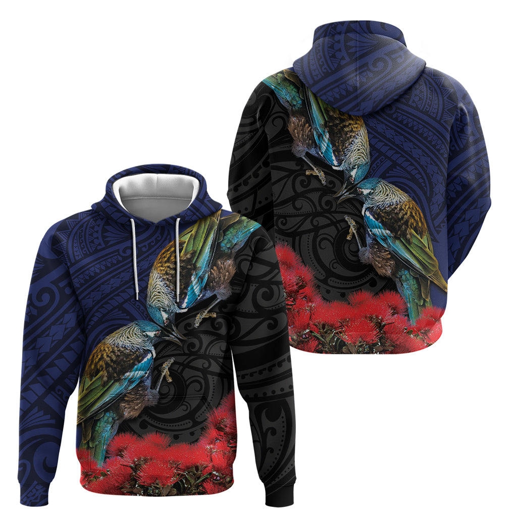 New Zealand Maori Hongi Culture Zip Hoodie Tui Bird Pohutukawa and Polynesian Pattern