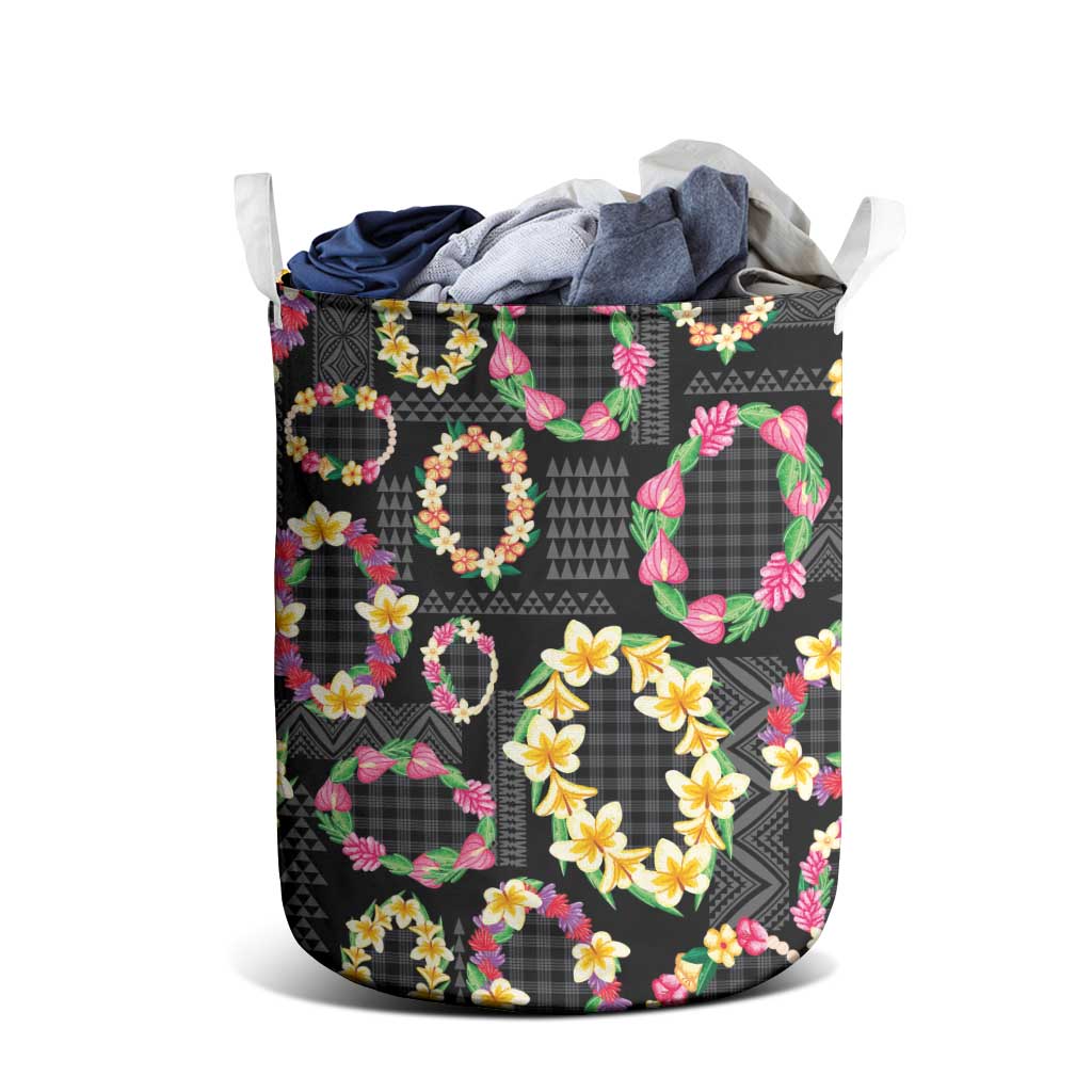 Hawaiian Kakau Tattoo Leis and Palaka Pattern Laundry Basket Traditional Aloha Tribal Black Color LT03 - Polynesian Pride