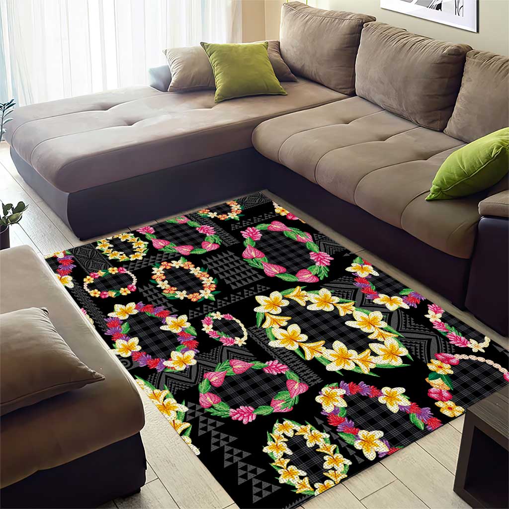 Hawaiian Kakau Tattoo Leis and Palaka Pattern Area Rug Traditional Aloha Tribal Black Color LT03 - Polynesian Pride
