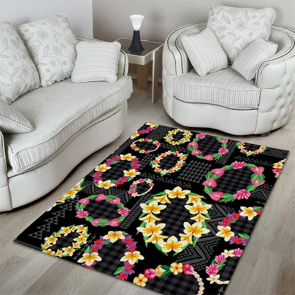 Hawaiian Kakau Tattoo Leis and Palaka Pattern Area Rug Traditional Aloha Tribal Black Color LT03 - Polynesian Pride