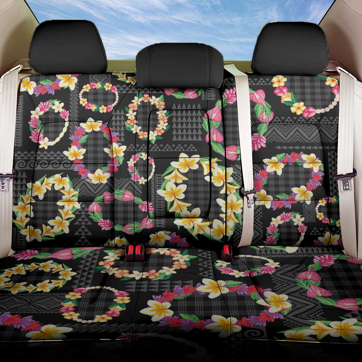 Hawaiian Kakau Tattoo Leis and Palaka Pattern Back Car Seat Cover Traditional Aloha Tribal Black Color LT03 One Size Black - Polynesian Pride