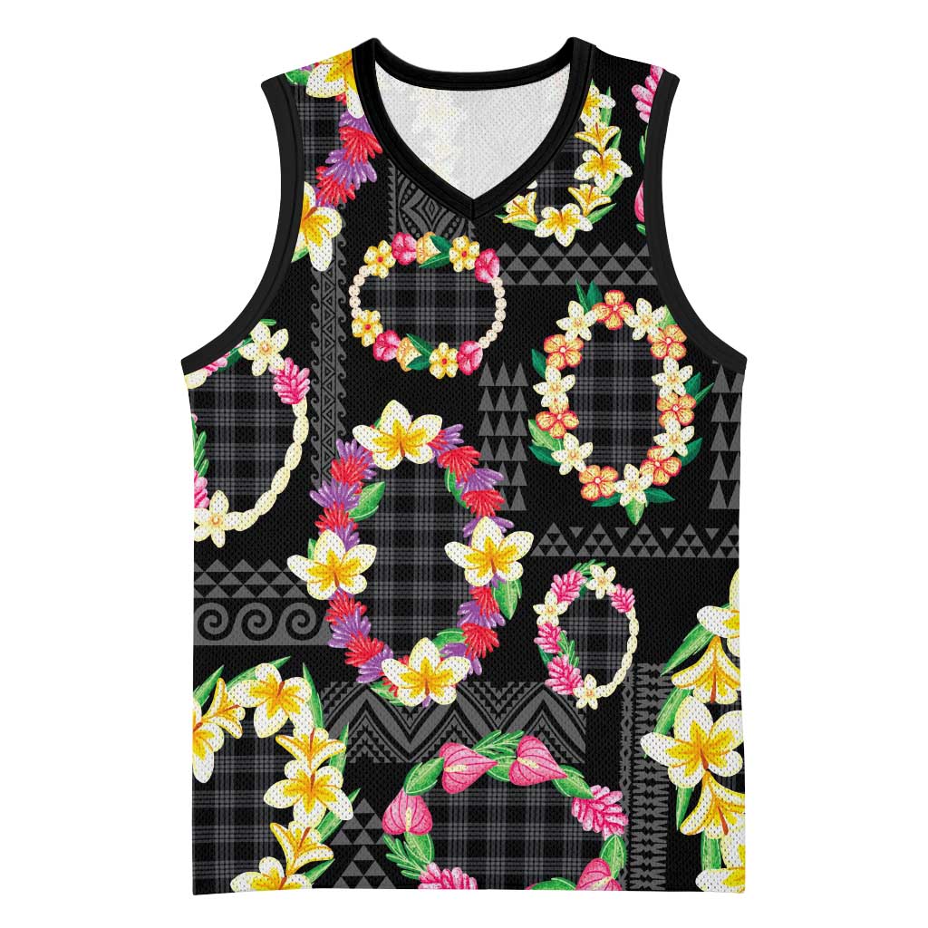 Hawaiian Kakau Tattoo Leis and Palaka Pattern Basketball Jersey Traditional Aloha Tribal Black Color