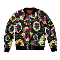 Hawaiian Kakau Tattoo Leis and Palaka Pattern Bomber Jacket Traditional Aloha Tribal Black Color LT03 Unisex Black - Polynesian Pride