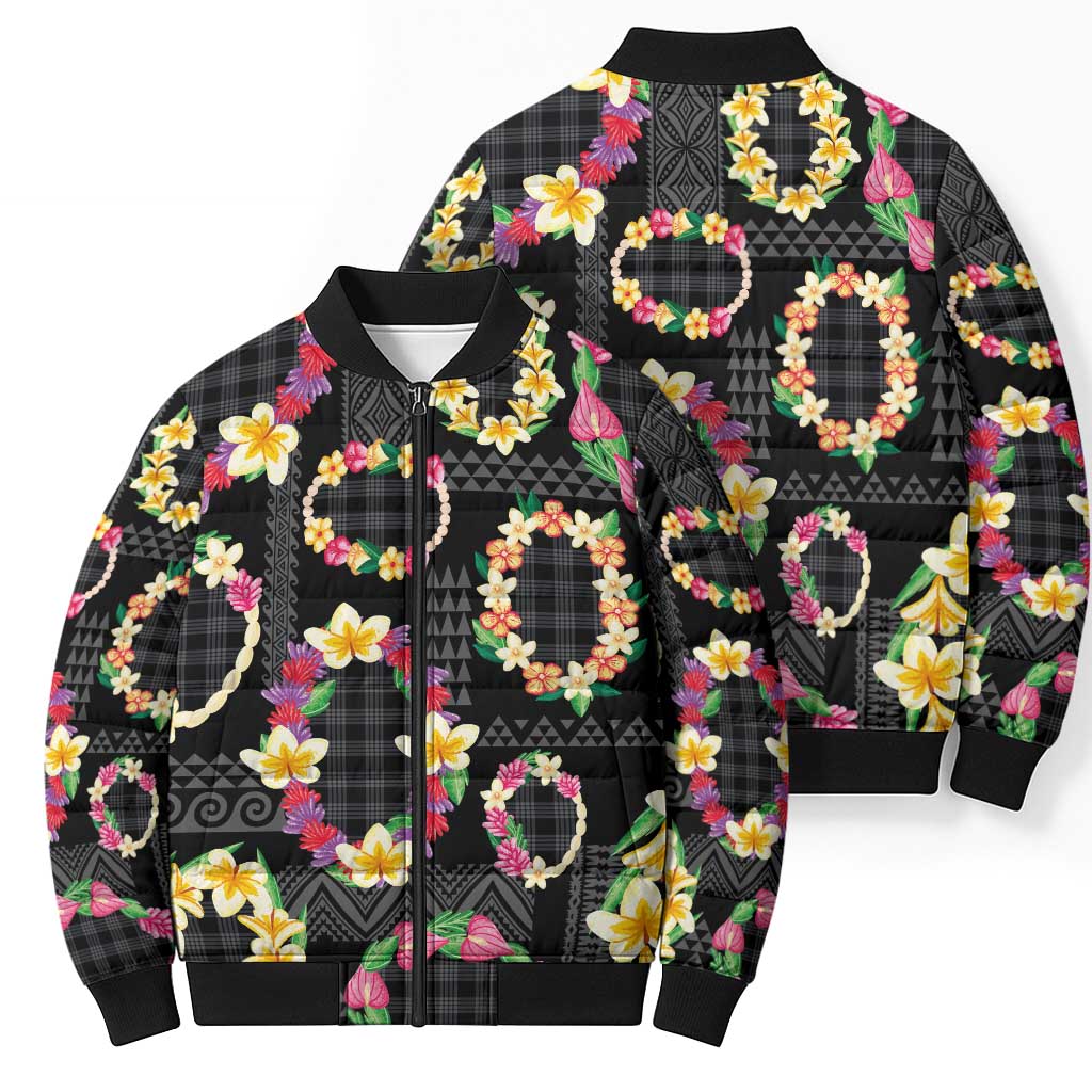 Hawaiian Kakau Tattoo Leis and Palaka Pattern Bomber Puffer Jacket Traditional Aloha Tribal Black Color LT03 - Polynesian Pride