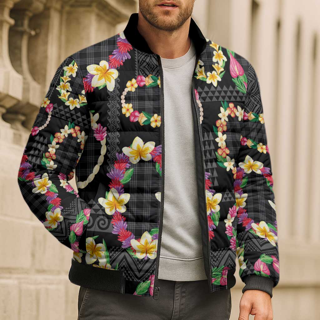 Hawaiian Kakau Tattoo Leis and Palaka Pattern Bomber Puffer Jacket Traditional Aloha Tribal Black Color LT03 - Polynesian Pride