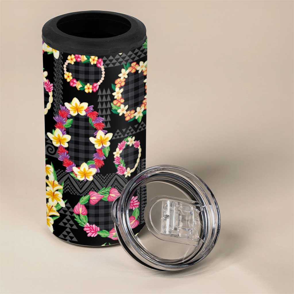 Hawaiian Kakau Tattoo Leis and Palaka Pattern 4 in 1 Can Cooler Tumbler Traditional Aloha Tribal Black Color LT03 - Polynesian Pride