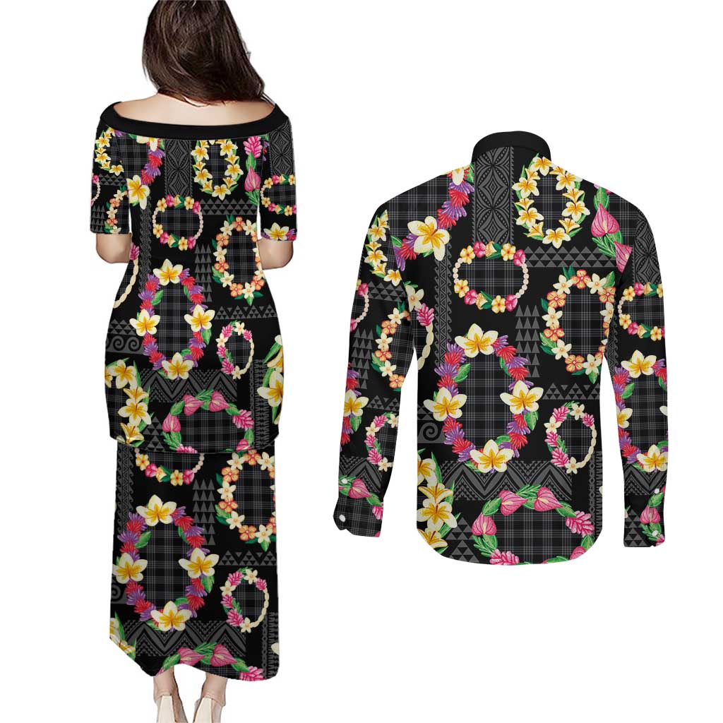 Hawaiian Kakau Tattoo Leis and Palaka Pattern Couples Matching Puletasi and Long Sleeve Button Shirt Traditional Aloha Tribal Black Color LT03 - Polynesian Pride