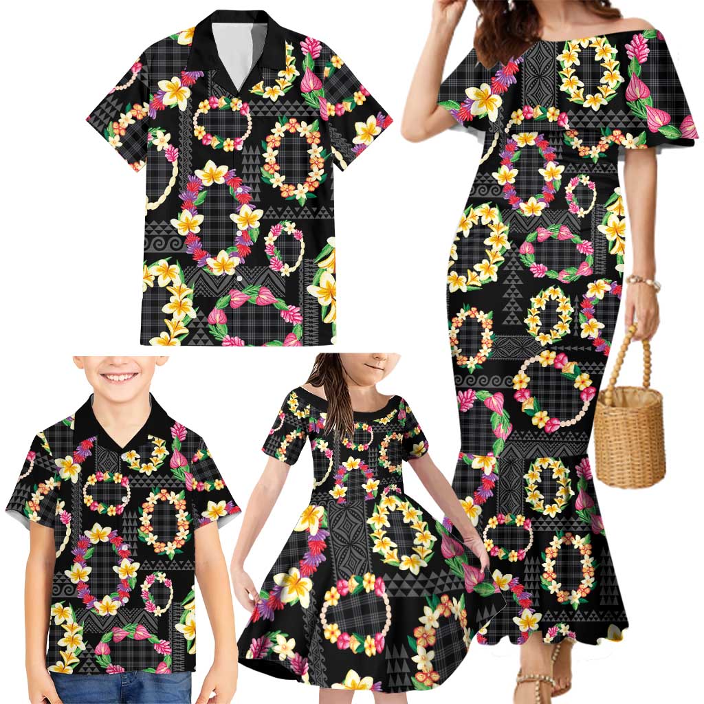 Hawaiian Kakau Tattoo Leis and Palaka Pattern Family Matching Mermaid Dress and Hawaiian Shirt Traditional Aloha Tribal Black Color