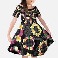 Hawaiian Kakau Tattoo Leis and Palaka Pattern Family Matching Off Shoulder Short Dress and Hawaiian Shirt Traditional Aloha Tribal Black Color LT03 Daughter's Dress Black - Polynesian Pride