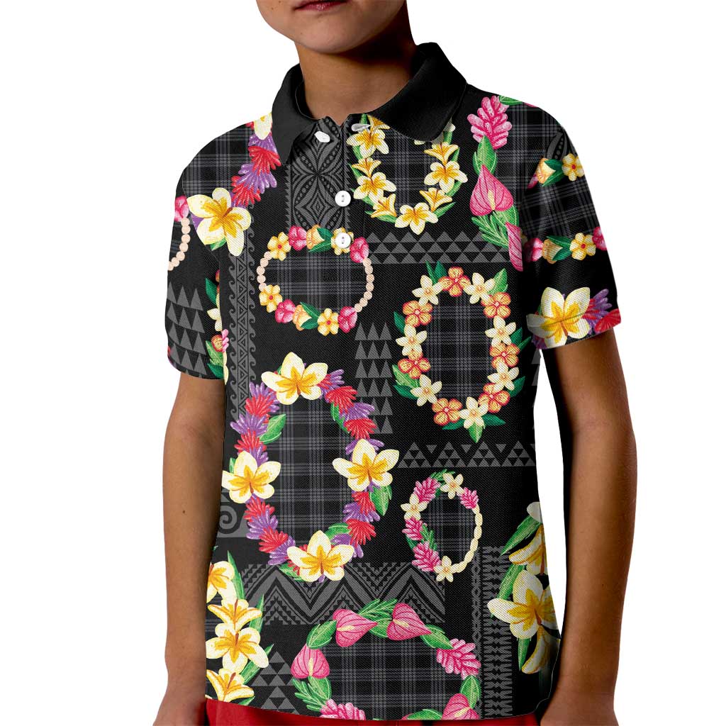 Hawaiian Kakau Tattoo Leis and Palaka Pattern Kid Polo Shirt Traditional Aloha Tribal Black Color LT03 Kid Black - Polynesian Pride