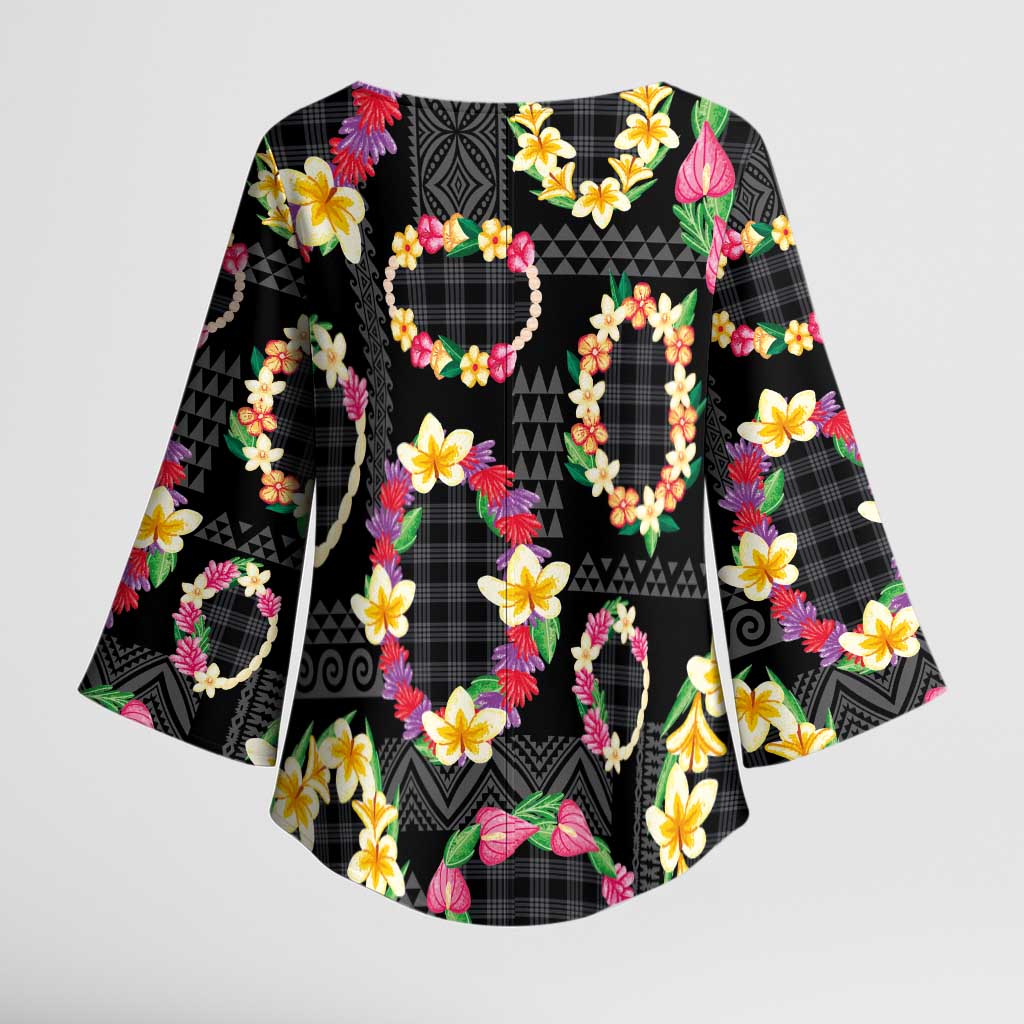 Hawaiian Kakau Tattoo Leis and Palaka Pattern Kimono Sleeve Blouse Traditional Aloha Tribal Black Color LT03 - Polynesian Pride