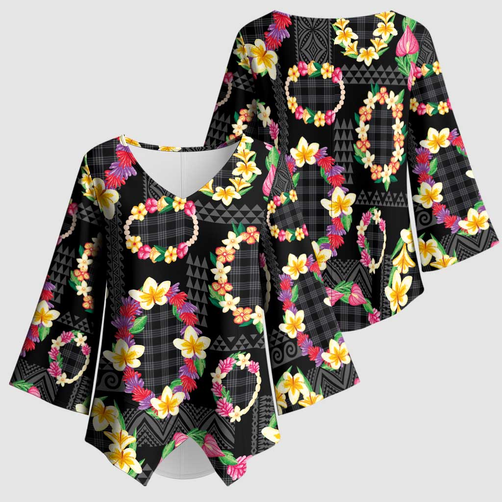 Hawaiian Kakau Tattoo Leis and Palaka Pattern Kimono Sleeve Blouse Traditional Aloha Tribal Black Color LT03 - Polynesian Pride