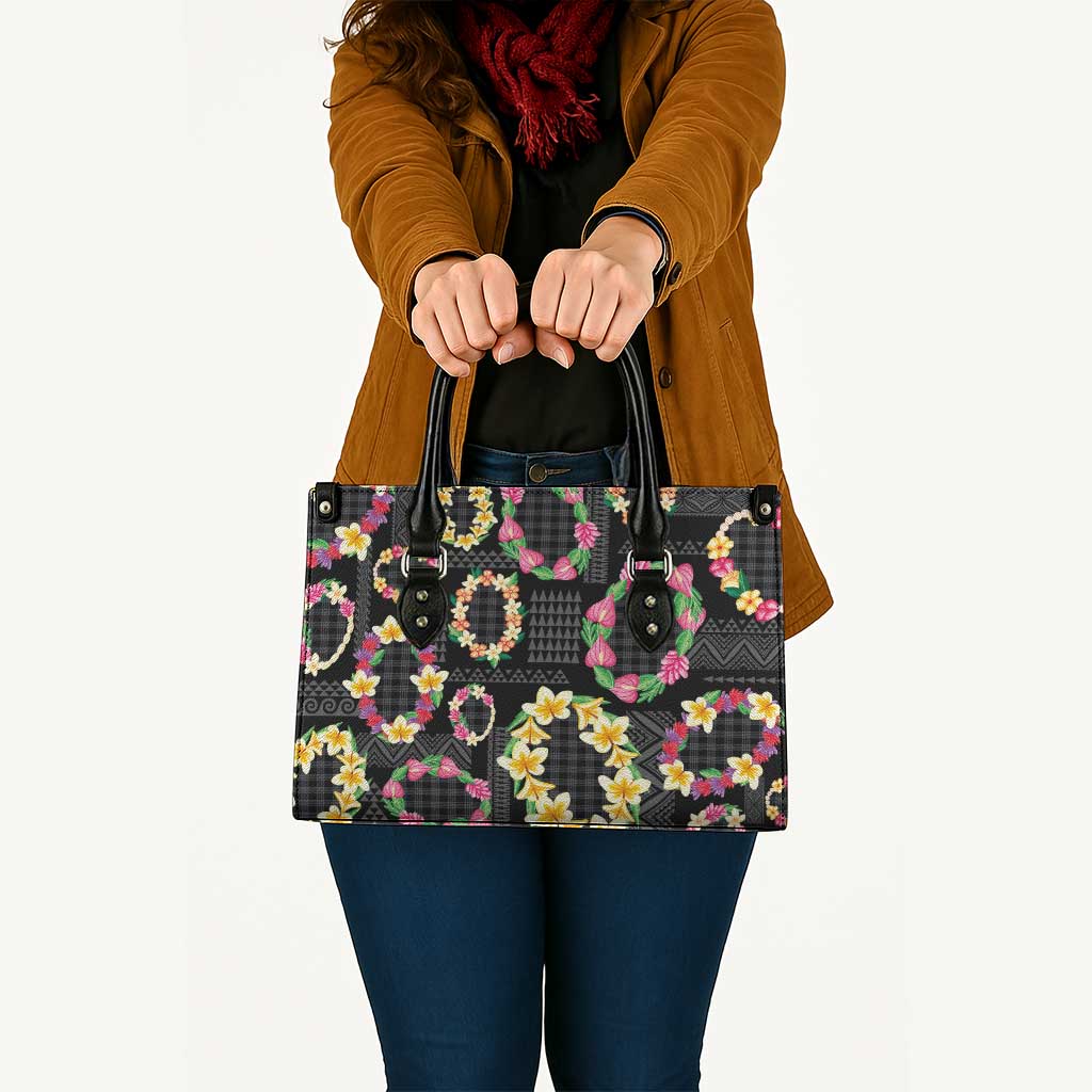 Hawaiian Kakau Tattoo Leis and Palaka Pattern Leather Bag Traditional Aloha Tribal Black Color LT03 - Polynesian Pride