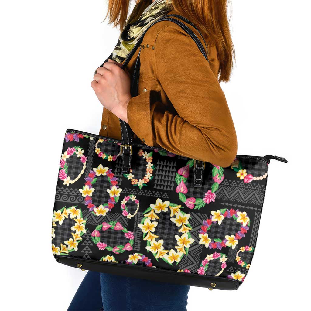 Hawaiian Kakau Tattoo Leis and Palaka Pattern Leather Tote Bag Traditional Aloha Tribal Black Color