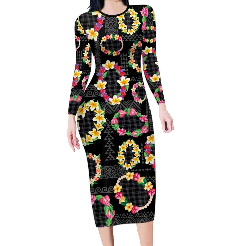 Hawaiian Kakau Tattoo Leis and Palaka Pattern Long Sleeve Bodycon Dress Traditional Aloha Tribal Black Color
