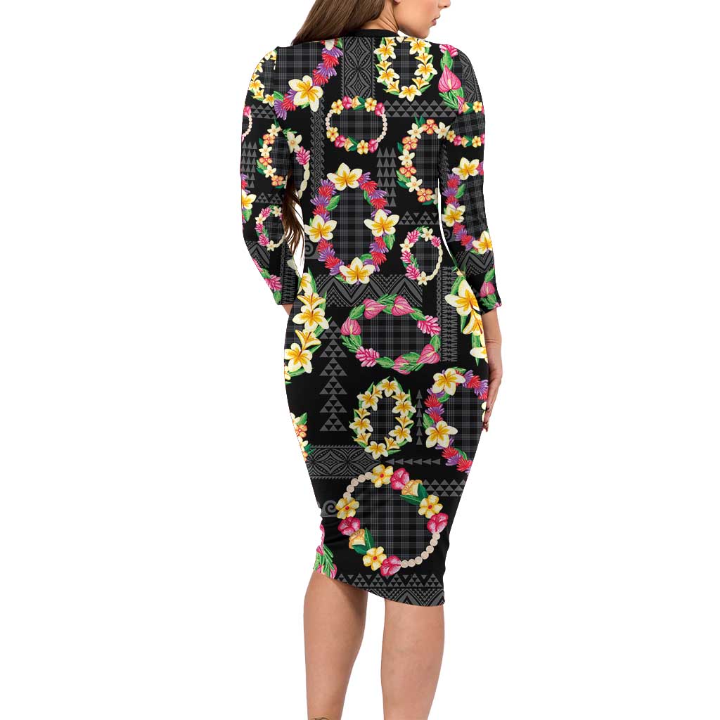 Hawaiian Kakau Tattoo Leis and Palaka Pattern Long Sleeve Bodycon Dress Traditional Aloha Tribal Black Color LT03 - Polynesian Pride