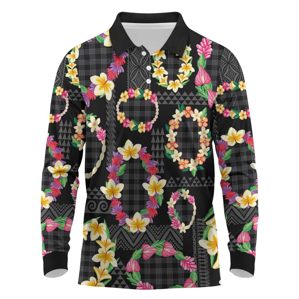 Hawaiian Kakau Tattoo Leis and Palaka Pattern Long Sleeve Polo Shirt Traditional Aloha Tribal Black Color LT03 Black - Polynesian Pride