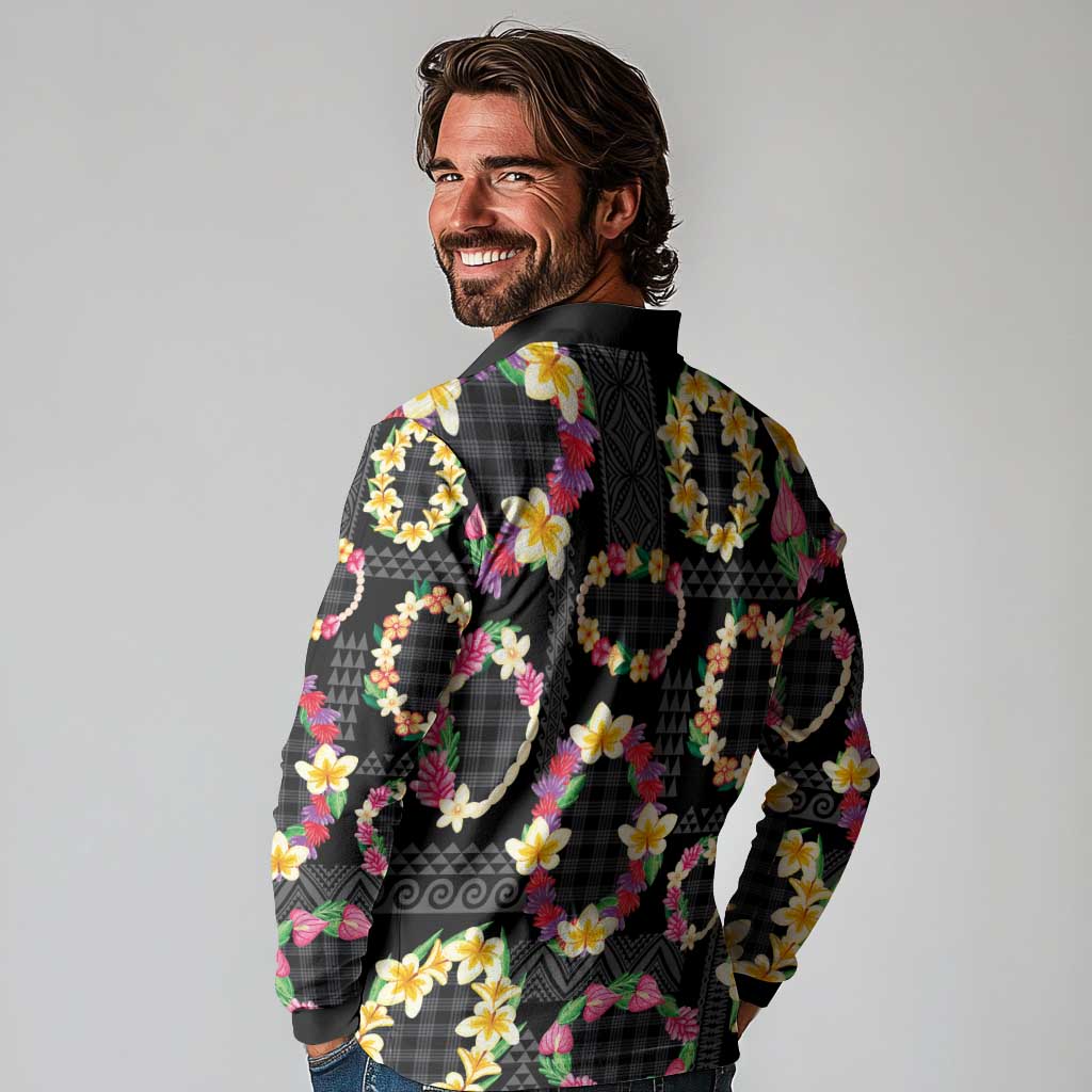 Hawaiian Kakau Tattoo Leis and Palaka Pattern Long Sleeve Polo Shirt Traditional Aloha Tribal Black Color LT03 - Polynesian Pride