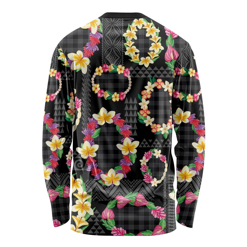 Hawaiian Kakau Tattoo Leis and Palaka Pattern Long Sleeve Shirt Traditional Aloha Tribal Black Color LT03 - Polynesian Pride