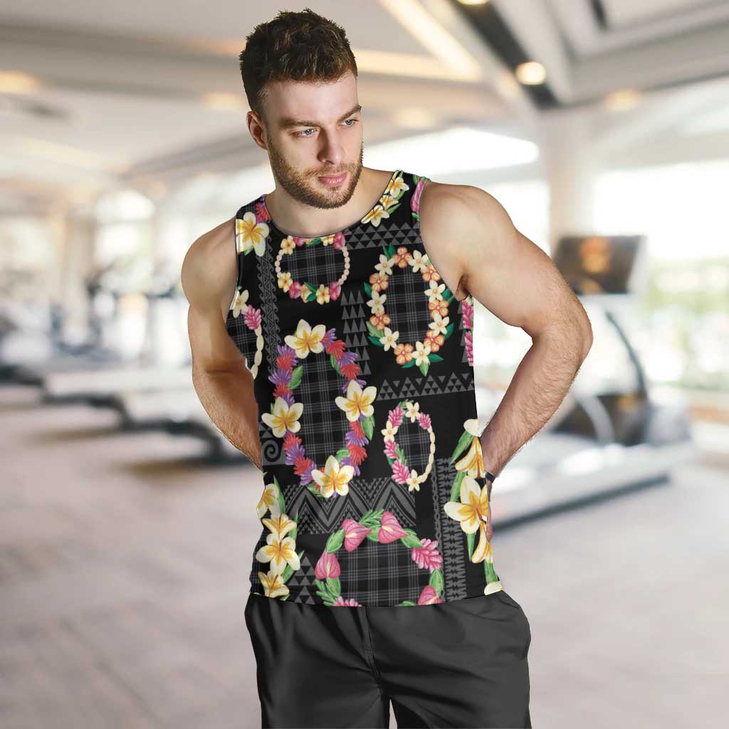 Hawaiian Kakau Tattoo Leis and Palaka Pattern Men Tank Top Traditional Aloha Tribal Black Color