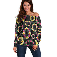 Hawaiian Kakau Tattoo Leis and Palaka Pattern Off Shoulder Sweater Traditional Aloha Tribal Black Color LT03 Women Black - Polynesian Pride