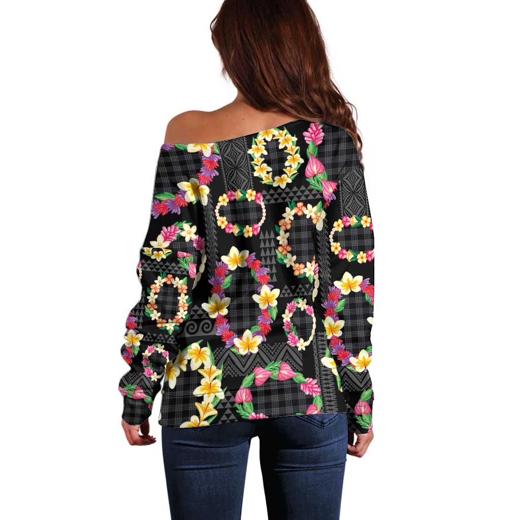 Hawaiian Kakau Tattoo Leis and Palaka Pattern Off Shoulder Sweater Traditional Aloha Tribal Black Color LT03 - Polynesian Pride