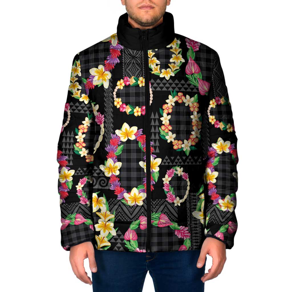 Hawaiian Kakau Tattoo Leis and Palaka Pattern Padded Jacket Traditional Aloha Tribal Black Color