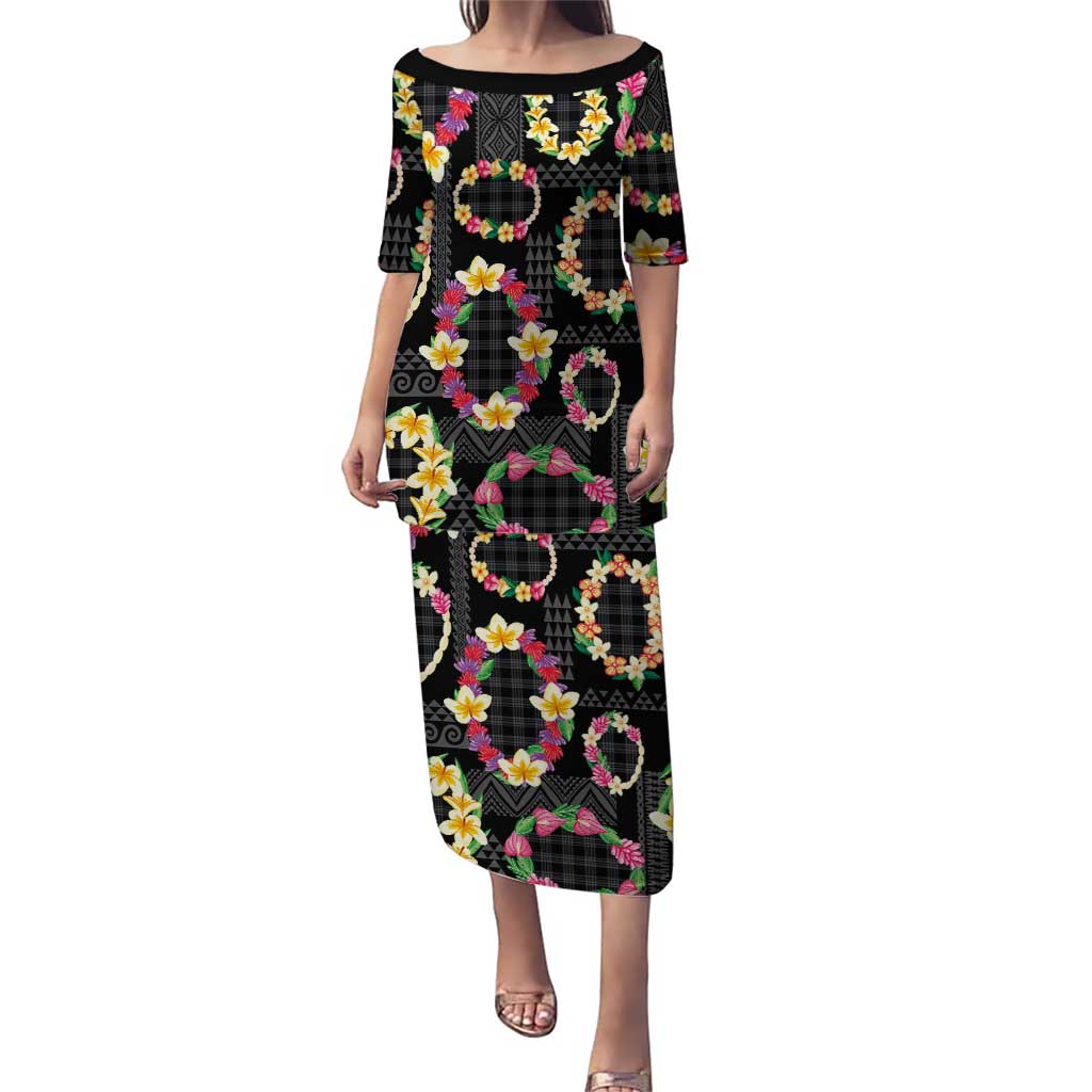 Hawaiian Kakau Tattoo Leis and Palaka Pattern Puletasi Traditional Aloha Tribal Black Color LT03 Long Dress Black - Polynesian Pride