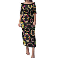 Hawaiian Kakau Tattoo Leis and Palaka Pattern Puletasi Traditional Aloha Tribal Black Color LT03 Long Dress Black - Polynesian Pride