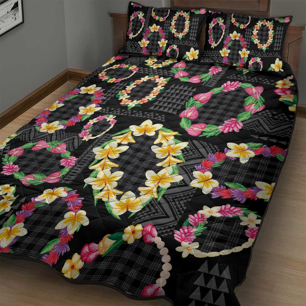 Hawaiian Kakau Tattoo Leis and Palaka Pattern Quilt Bed Set Traditional Aloha Tribal Black Color LT03 - Polynesian Pride