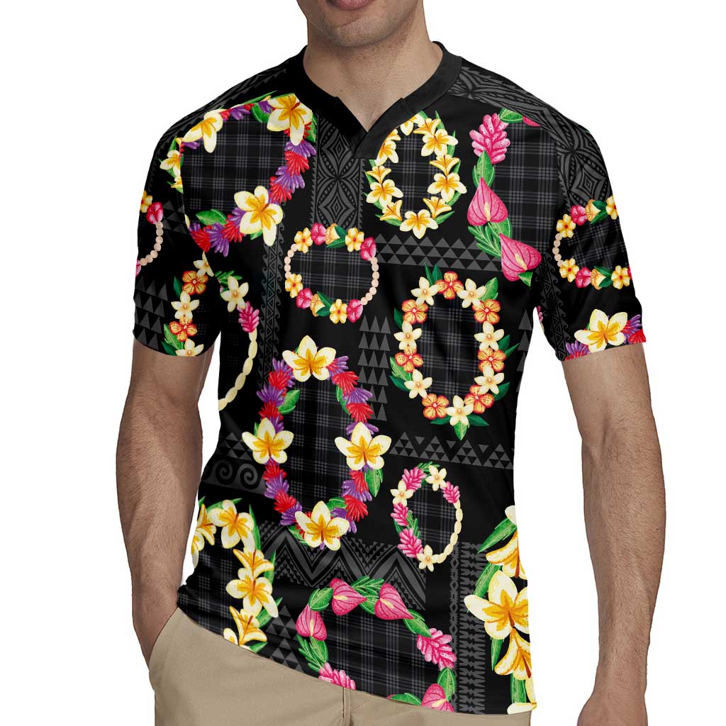 Hawaiian Kakau Tattoo Leis and Palaka Pattern Rugby Jersey Traditional Aloha Tribal Black Color LT03 - Polynesian Pride