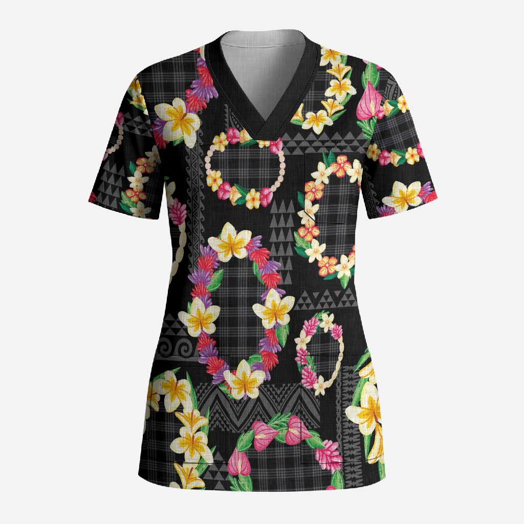 Hawaiian Kakau Tattoo Leis and Palaka Pattern Scrub Top Traditional Aloha Tribal Black Color LT03 Adult Black - Polynesian Pride