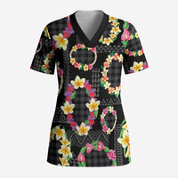Hawaiian Kakau Tattoo Leis and Palaka Pattern Scrub Top Traditional Aloha Tribal Black Color LT03 Adult Black - Polynesian Pride