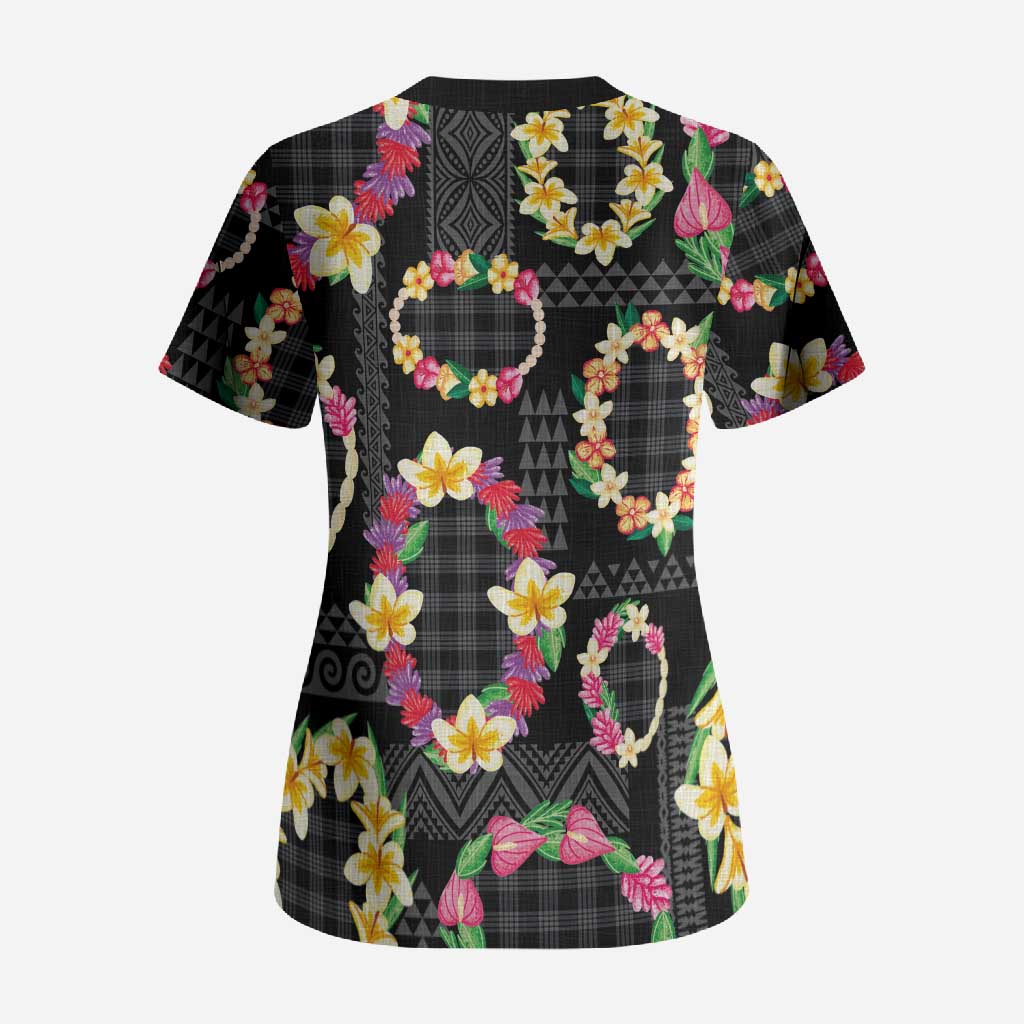 Hawaiian Kakau Tattoo Leis and Palaka Pattern Scrub Top Traditional Aloha Tribal Black Color LT03 - Polynesian Pride