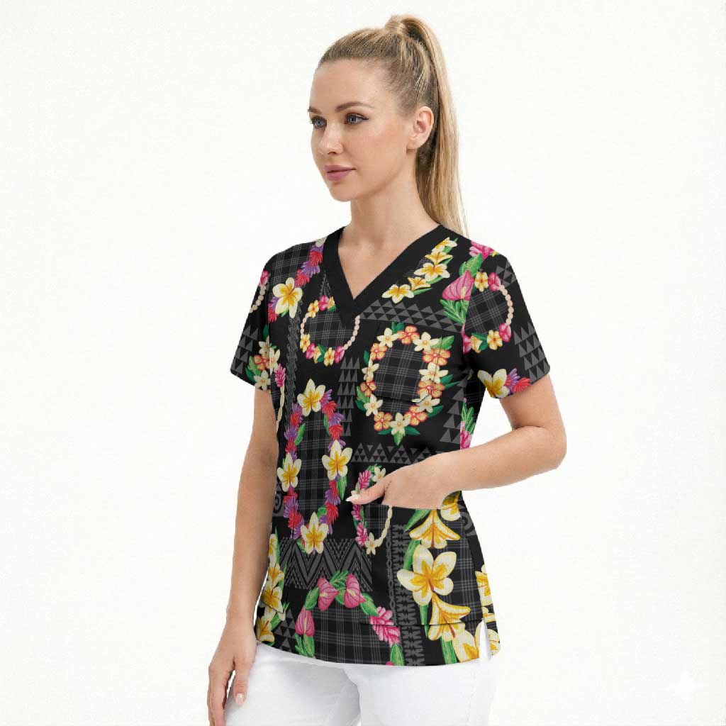 Hawaiian Kakau Tattoo Leis and Palaka Pattern Scrub Top Traditional Aloha Tribal Black Color LT03 - Polynesian Pride