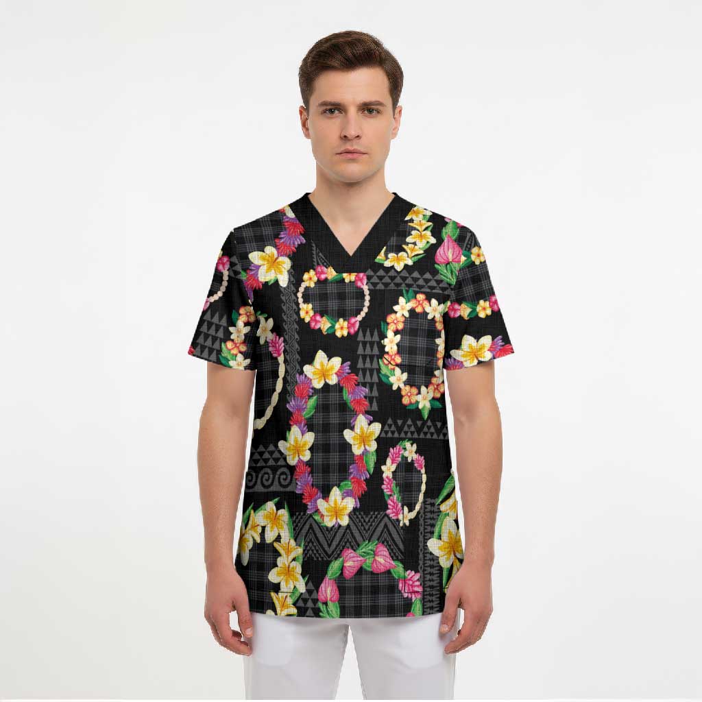 Hawaiian Kakau Tattoo Leis and Palaka Pattern Scrub Top Traditional Aloha Tribal Black Color LT03 - Polynesian Pride