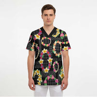 Hawaiian Kakau Tattoo Leis and Palaka Pattern Scrub Top Traditional Aloha Tribal Black Color LT03 - Polynesian Pride
