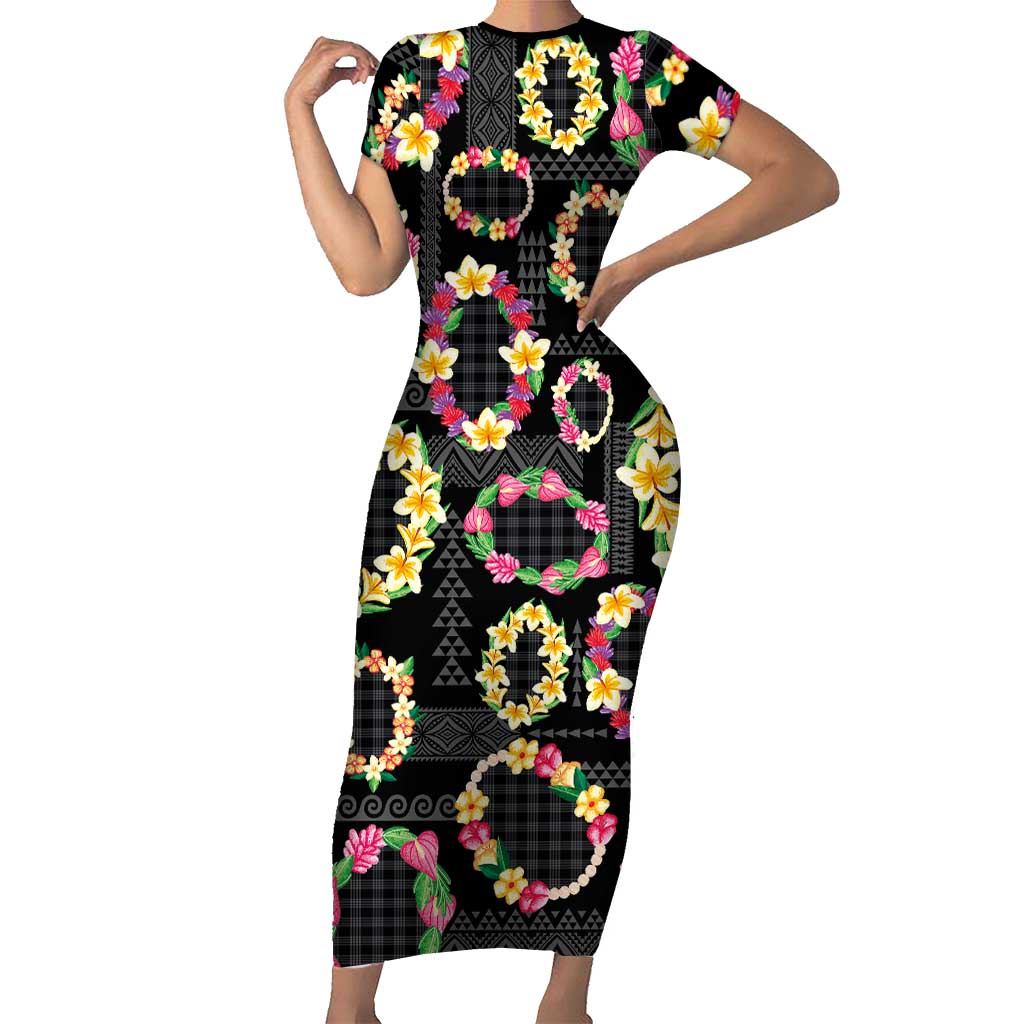 Hawaiian Kakau Tattoo Leis and Palaka Pattern Short Sleeve Bodycon Dress Traditional Aloha Tribal Black Color LT03 Long Dress Black - Polynesian Pride