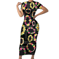 Hawaiian Kakau Tattoo Leis and Palaka Pattern Short Sleeve Bodycon Dress Traditional Aloha Tribal Black Color LT03 Long Dress Black - Polynesian Pride