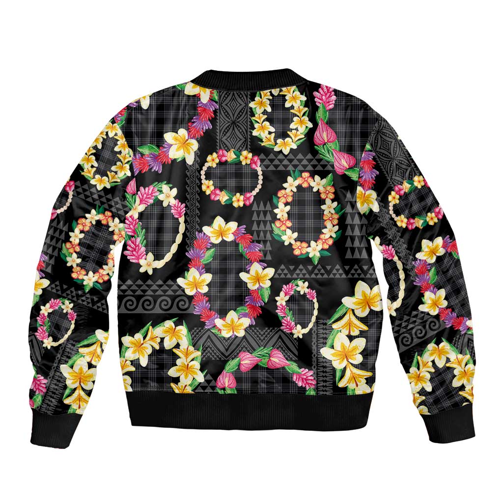 Hawaiian Kakau Tattoo Leis and Palaka Pattern Sleeve Zip Bomber Jacket Traditional Aloha Tribal Black Color LT03 - Polynesian Pride