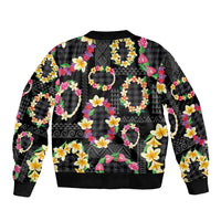 Hawaiian Kakau Tattoo Leis and Palaka Pattern Sleeve Zip Bomber Jacket Traditional Aloha Tribal Black Color LT03 - Polynesian Pride