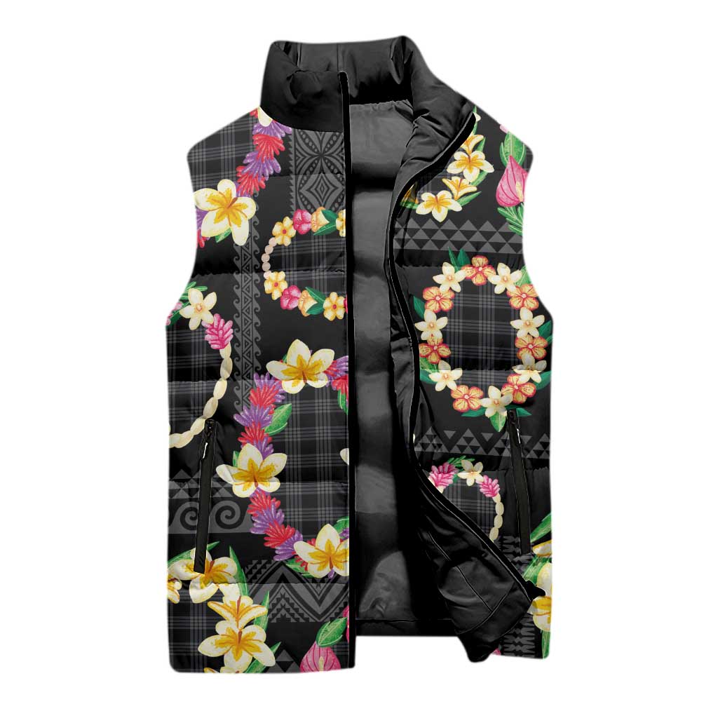 Hawaiian Kakau Tattoo Leis and Palaka Pattern Sleeveless Puffer Jacket Traditional Aloha Tribal Black Color LT03 - Polynesian Pride