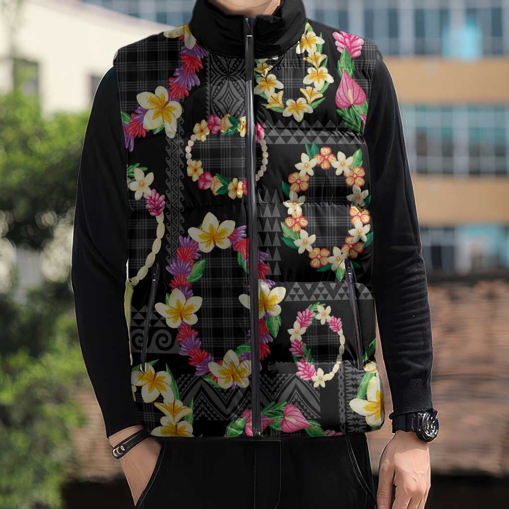 Hawaiian Kakau Tattoo Leis and Palaka Pattern Sleeveless Puffer Jacket Traditional Aloha Tribal Black Color LT03 - Polynesian Pride